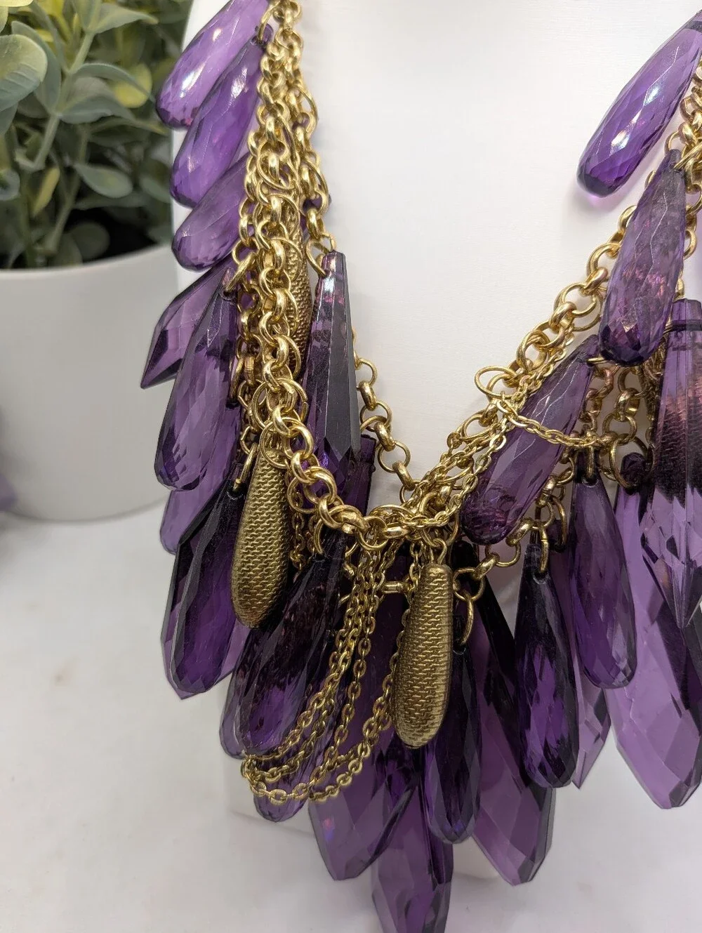 Vintage Chunky Purple Crystal Statement Necklace Gold Tone Layered Fringe Bib